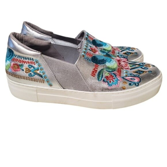 Johnny Was Butterfly Embroidered Silver Metallic Sneaker Boat Loafer 'Vinny' - Picture 3 of 12